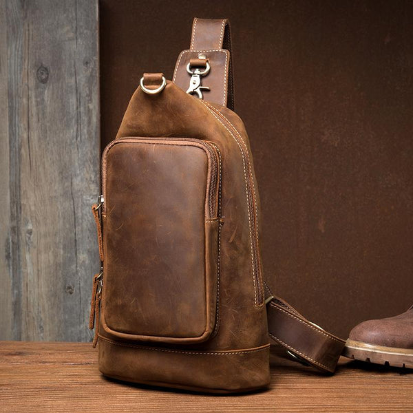 Brown Casual Leather Mens 8 inches Sling Bags Chest Bags One Shoulder Backpack for Men - imessengerbags