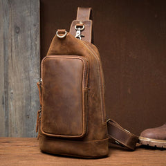 Brown Casual Leather Mens 8 inches Sling Bags Chest Bags One Shoulder Backpack for Men - imessengerbags