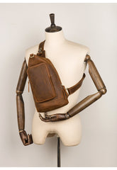 Brown Casual Leather Mens 8 inches Sling Bags Chest Bags One Shoulder Backpack for Men - imessengerbags