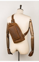 Brown Casual Leather Mens 8 inches Sling Bags Chest Bags One Shoulder Backpack for Men - imessengerbags