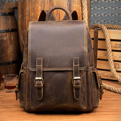 Casual Brown Mens Leather 14-inch Computer Backpacks Brown Travel Backpacks School Backpack for men