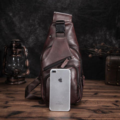 Brown Cool LEATHER MENS 8'' Sling Bag Coffee Chest Bag Brown One Shoulder Bag For Men - imessengerbags