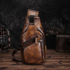 Brown Cool LEATHER MENS 8'' Sling Bag Coffee Chest Bag Brown One Shoulder Bag For Men - imessengerbags