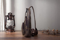 Brown Cool LEATHER MENS 8'' Sling Bag Coffee Chest Bag Brown One Shoulder Bag For Men - imessengerbags