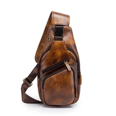 Brown Cool LEATHER MENS 8'' Sling Bag Coffee Chest Bag Brown One Shoulder Bag For Men - imessengerbags