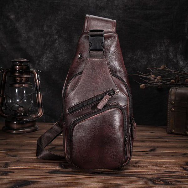 Brown Cool LEATHER MENS 8'' Sling Bag Coffee Chest Bag Brown One Shoulder Bag For Men - imessengerbags