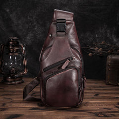 Brown Cool LEATHER MENS 8'' Sling Bag Coffee Chest Bag Brown One Shoulder Bag For Men - imessengerbags