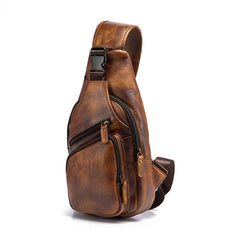Brown Cool LEATHER MENS 8'' Sling Bag Coffee Chest Bag Brown One Shoulder Bag For Men - imessengerbags