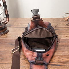 Brown Cool LEATHER MENS 8'' Sling Bag Coffee Chest Bag Brown One Shoulder Bag For Men - imessengerbags
