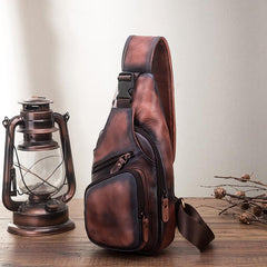 Brown Cool LEATHER MENS 8'' Sling Bag Coffee Chest Bag Brown One Shoulder Bag For Men - imessengerbags