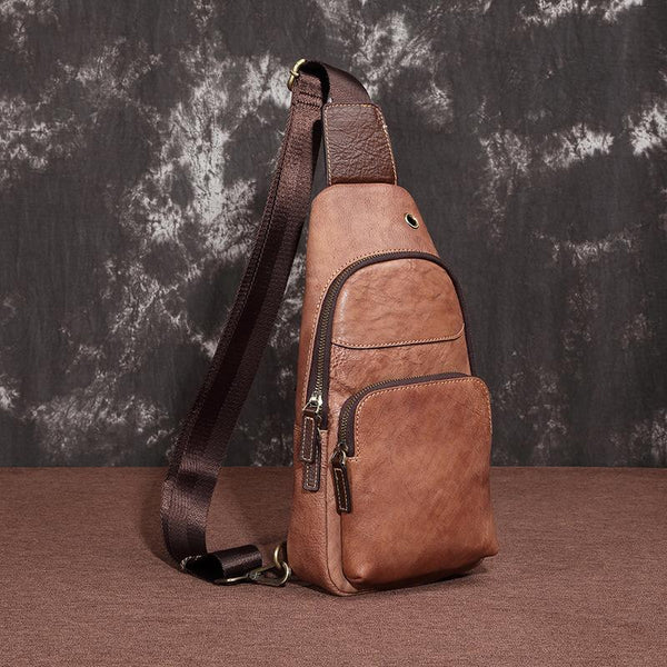 Brown Cool LEATHER MENS 8 inches Sling Bag Yellow One Shoulder Backpack Gray Chest Bag For Men - imessengerbags