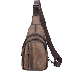 Brown Cool LEATHER MENS Sling Bag 8 inches Small Gray One Shoulder Backpack Chest Bag For Men - imessengerbags
