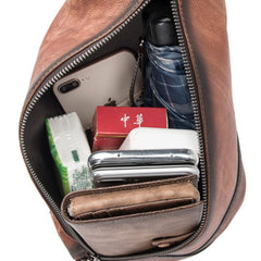 Brown Cool LEATHER MENS Retro Tan Sling Bag One Shoulder Backpack Blue Chest Bags For Men - imessengerbags