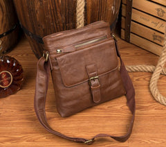 Cool Brown Leather Vertical Side Bags Messenger Bag Brown Courier Bag Postman Bag for Men