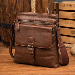 Cool Brown Leather Vertical Side Bags Messenger Bag Brown Courier Bag Postman Bag for Men