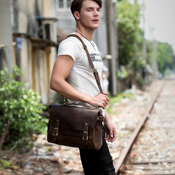 Brown Cool Leather 14 inches Briefcase Work Bag Business Bags Side Bag for Men - imessengerbags