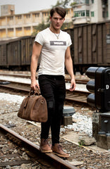 Cool Brown Leather 16 inches Black Shoulder Weekender Bag Travel Bags Duffle luggage Bag for Men - imessengerbags