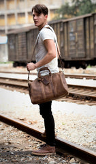 Cool Brown Leather 16 inches Black Shoulder Weekender Bag Travel Bags Duffle luggage Bag for Men