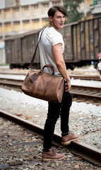 Cool Brown Leather 16 inches Black Shoulder Weekender Bag Travel Bags Duffle luggage Bag for Men - imessengerbags