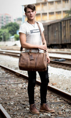 Cool Brown Leather 16 inches Black Shoulder Weekender Bag Travel Bags Duffle luggage Bag for Men