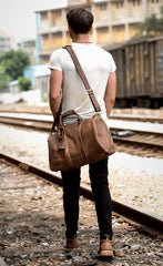Cool Brown Leather 16 inches Black Shoulder Weekender Bag Travel Bags Duffle luggage Bag for Men - imessengerbags