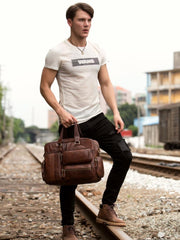 Cool Brown Leather 16 inches Travel Briefcase Side Bag Travel Handbag Luggage Bag for Men - imessengerbags