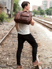 Cool Brown Leather 16 inches Travel Briefcase Side Bag Travel Handbag Luggage Bag for Men - imessengerbags