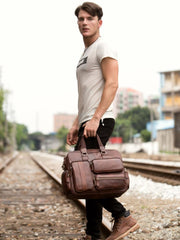 Cool Brown Leather 16 inches Travel Briefcase Side Bag Travel Handbag Luggage Bag for Men - imessengerbags