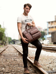 Cool Brown Leather 16 inches Travel Briefcase Side Bag Travel Handbag Luggage Bag for Men - imessengerbags