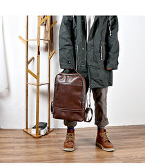 Brown Cool Leather Mens School Backpack College Backpack Computer Backpack For Men - imessengerbags