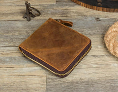 Brown Cool Leather Mens billfold Wallet Zipper Trifold Card Small Wallet for Men