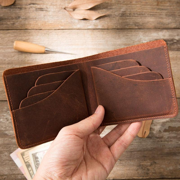 Brown Cool Leather Mens Small Wallet Bifold Vintage Slim billfold Wallet for Men - imessengerbags