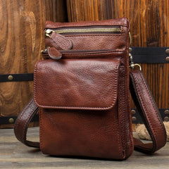 Brown Cool Leather Mens Belt Pouch Bag Mini Messenger Bag Side Bag Waist Bag for Men