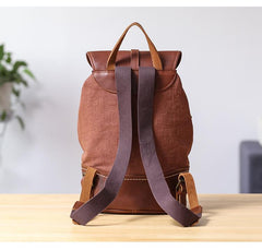 Brown Emroidered Canvas Leather Mens Women Large 14'' College Backpack Travel Backpack for Men - imessengerbags