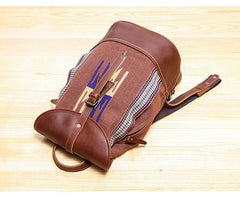 Brown Emroidered Canvas Leather Mens Women Large 14'' College Backpack Travel Backpack for Men - imessengerbags