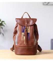 Brown Emroidered Canvas Leather Mens Women Large 14'' College Backpack Travel Backpack for Men - imessengerbags