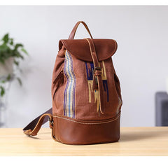 Brown Emroidered Canvas Leather Mens Women Large 14'' College Backpack Travel Backpack for Men - imessengerbags