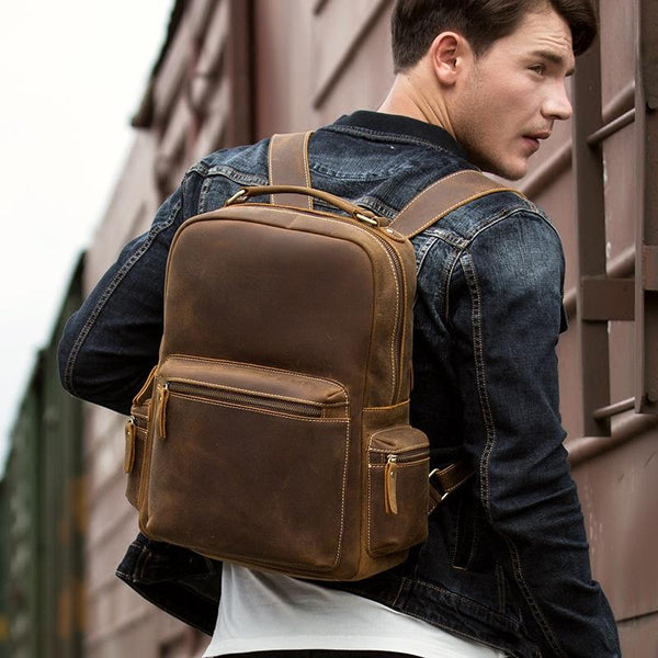 Fashion Brown Mens Leather 15-inch Computer Laptop Backpack Brown Travel Backpack School Backpacks for men - imessengerbags