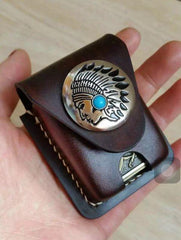 Coffee Handmade Star Leather Classic Zippo Lighter Case Zippo Lighter Holder With Belt Clip Loop For Men - imessengerbags