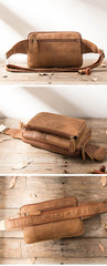 Camel Leather Mens Fanny Pack Waist Bag Chest Bag Hip Pack One Shoulder Backpack for Men