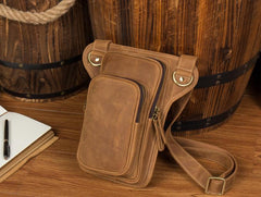 Brown Leather 8 inches Mens Small Messenger Bags Chest Bags Sling Bags for Men