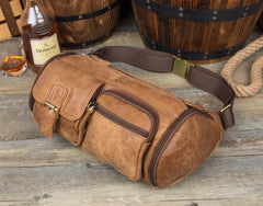 Brown Leather Barrel Fanny Pack Mens 8 inches Waist Bag Hip Pack Belt Bags Bumbags for Men - imessengerbags