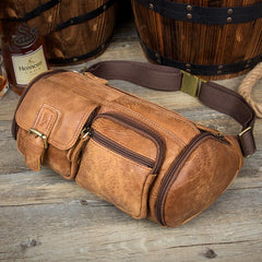 Brown Leather Barrel Fanny Pack Mens 8 inches Waist Bag Hip Pack Belt Bags Bumbags for Men - imessengerbags