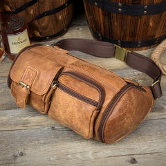 Brown Leather Barrel Fanny Pack Mens 8 inches Waist Bag Hip Pack Belt Bags Bumbags for Men