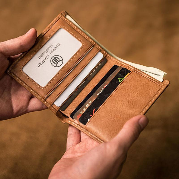 Brown Leather Men Slim Small Wallet Bifold Small Vintage Wallet for Men - imessengerbags