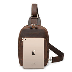 Brown Leather Men's Sling Bag Red Brown Chest Bag 8 inches One Shoulder Backpack For Men - imessengerbags