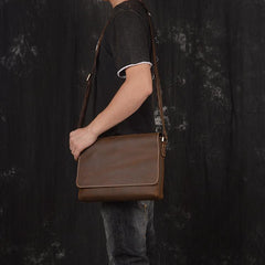 Brown Leather Mens 10 inches SMall Laptop Side Bag Courier Bag Messenger Bag Postman Bag For Men