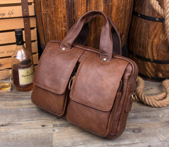 Tan Leather Mens 13 inches Briefcase Laptop Bag Coffee Business Bags Work Side Bag for Men