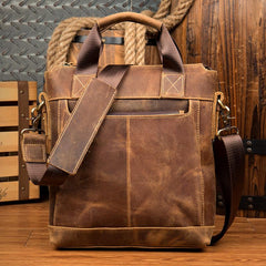 Brown Leather Mens 13 inches Briefcase Vertical Laptop Side Bags Business Bags Work Bags for Men
