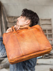 Vintage Brown Leather Mens 14 inches Briefcase Work Side Bag Brown Laptop Briefcase Business Bag for Men